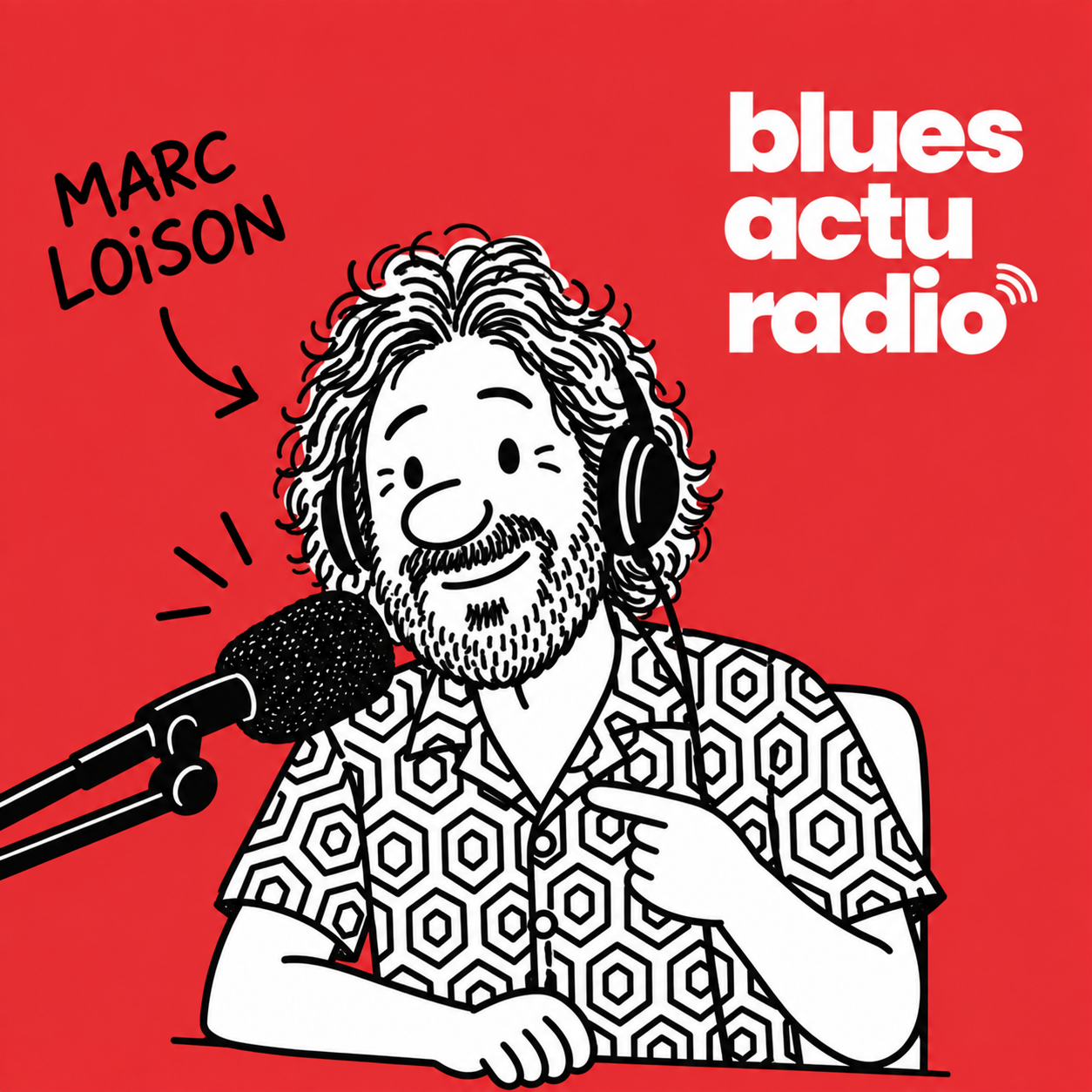 Caricature de Marc Loison devant un micro